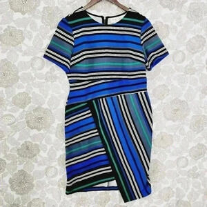 Beige by ECI Short sleeve Striped Asymmetrical Midi Sheath‎ Dress L Unlined